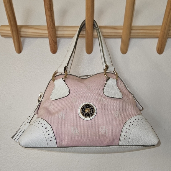 Dooney & Bourke Handbags - Dooney Bourke Y2K Barbiecore Pastel Pink Signature Canvas White Leather Satchel